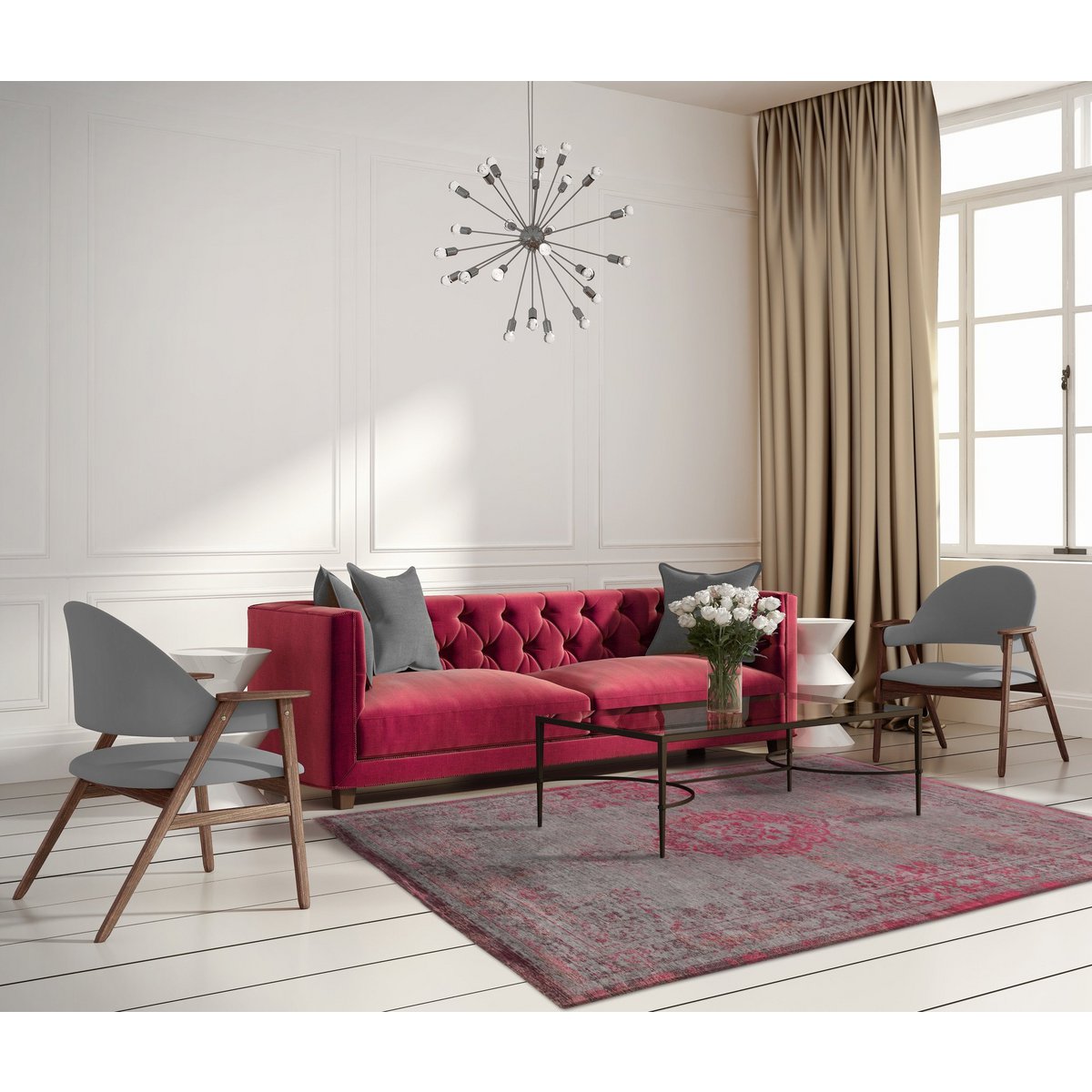 Louis De Poortere Eco Rug Medallion – harmaa ja vaaleanpunainen vintage-matto, useita kokoja