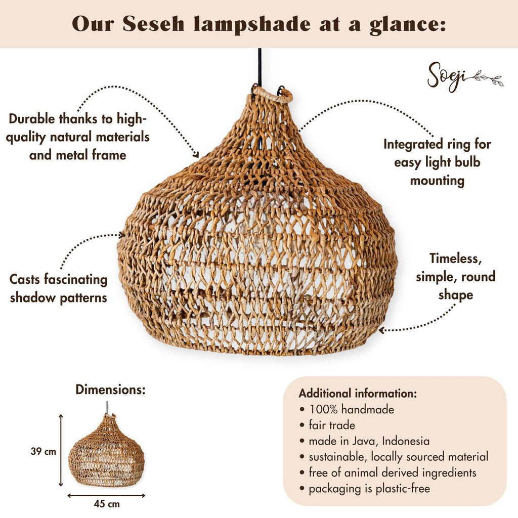Soeji Seseh – käsintehty banaanikuituinen lampunvarjostin 45 × 39 cm