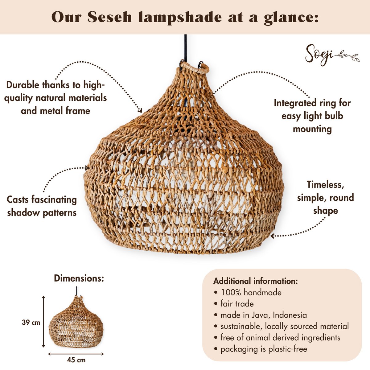 Soeji Seseh – käsintehty banaanikuituinen lampunvarjostin 45 × 39 cm